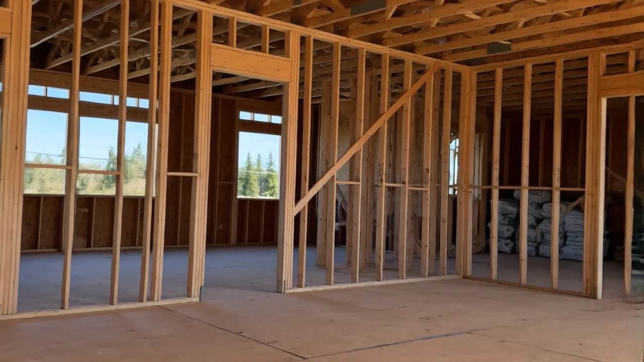 Inside a newly framed house, light coming through the wall openings